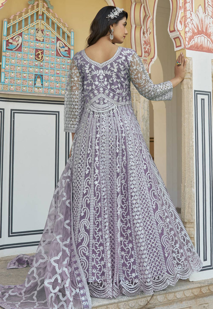 Lavender Net Embroidered Long Anarkali Suit