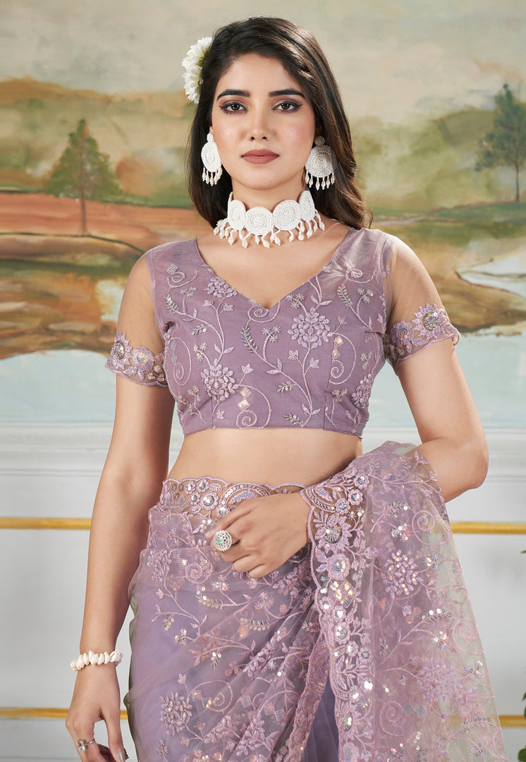 Lavender Net Saree With Blouse