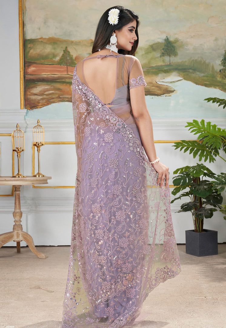 Lavender Net Saree With Blouse