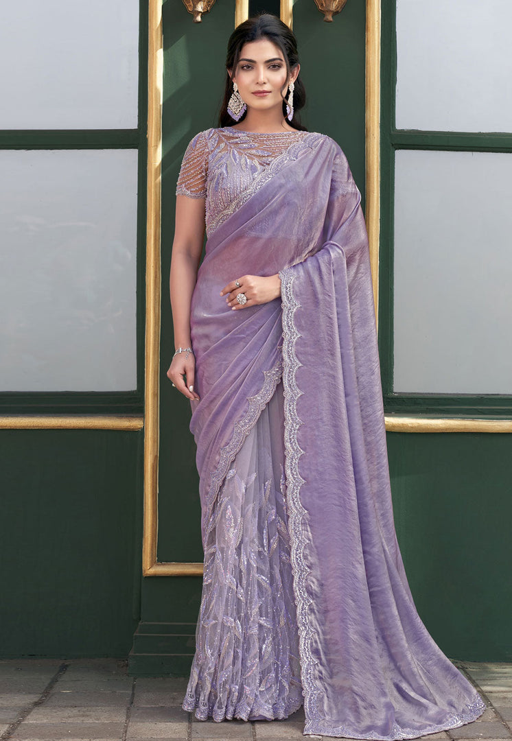 Lavender Net Saree With Blouse