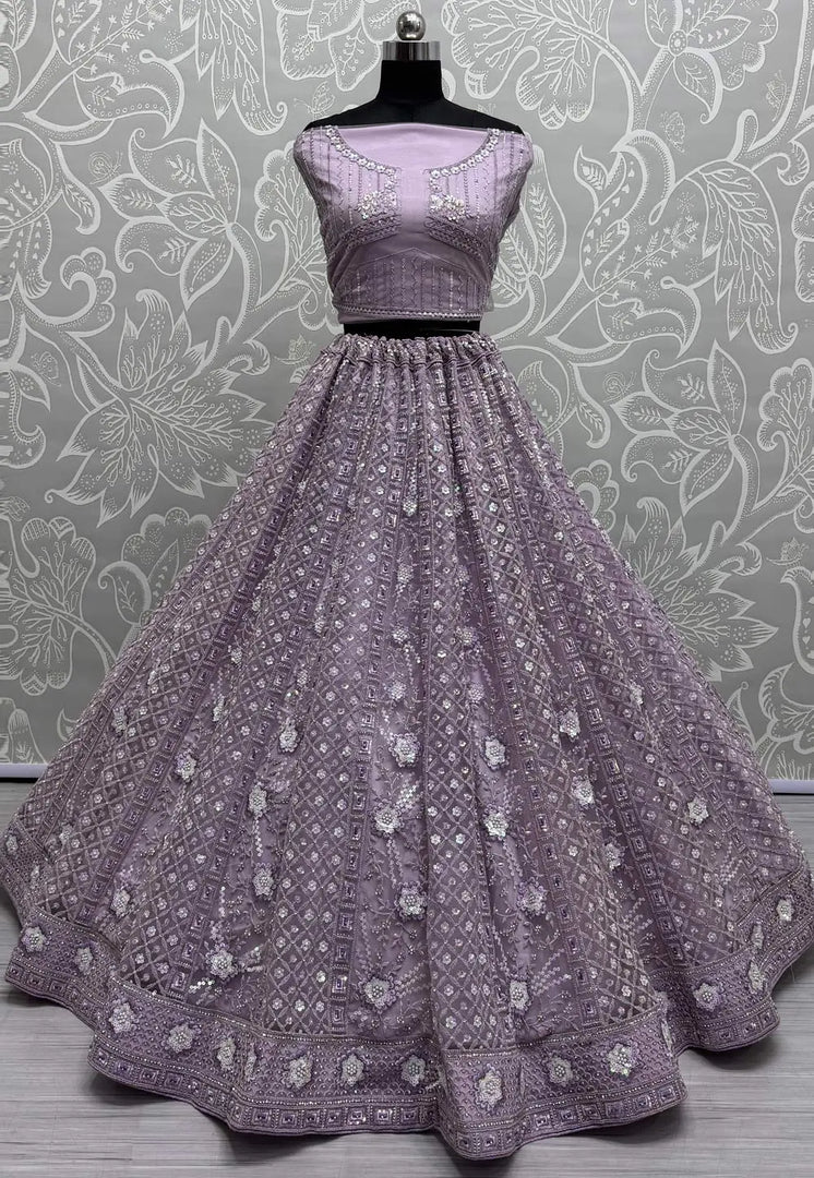Lavender Net Wedding Lehenga Choli