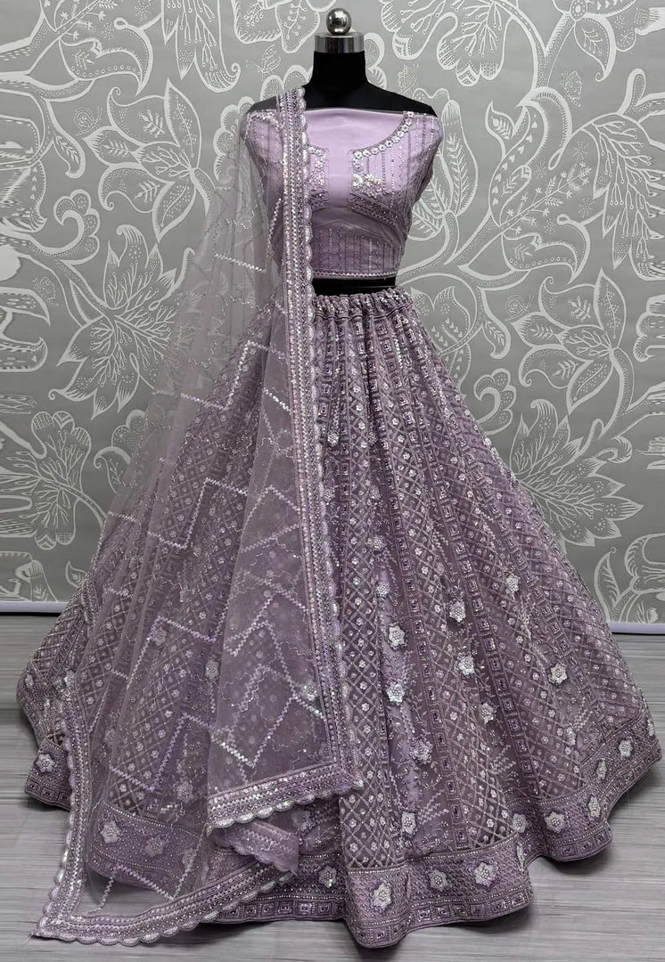 Lavender Net Wedding Lehenga Choli