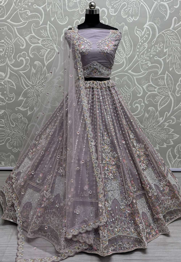 Lavender Net Wedding Lehenga Choli