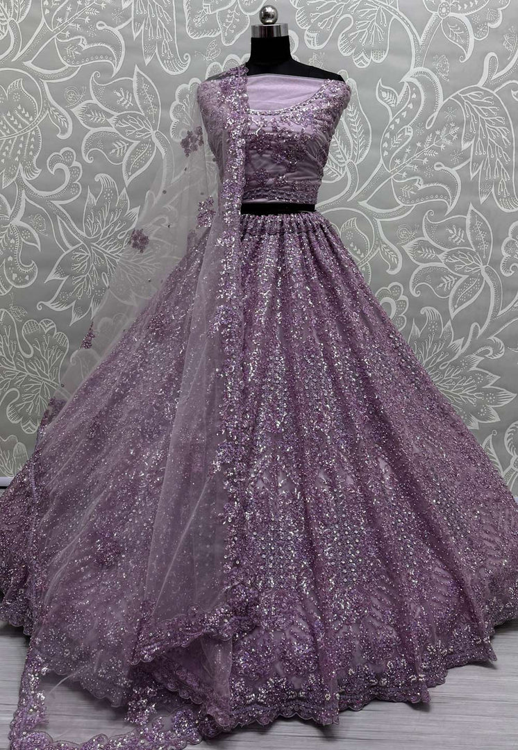 Lavender Net Wedding Lehenga Choli