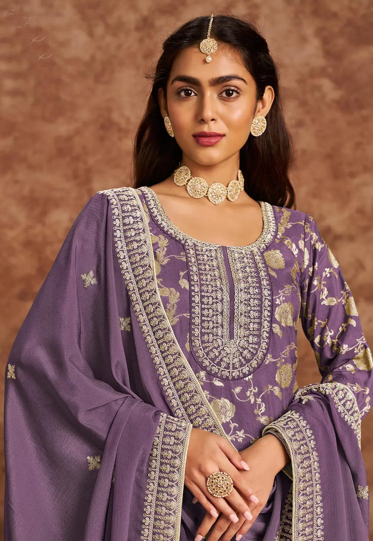 Lavender Silk Jacquard Pakistani Suit