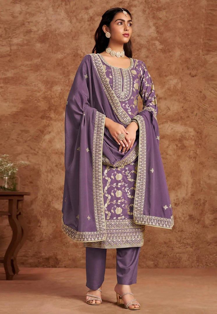 Lavender Silk Jacquard Pakistani Suit