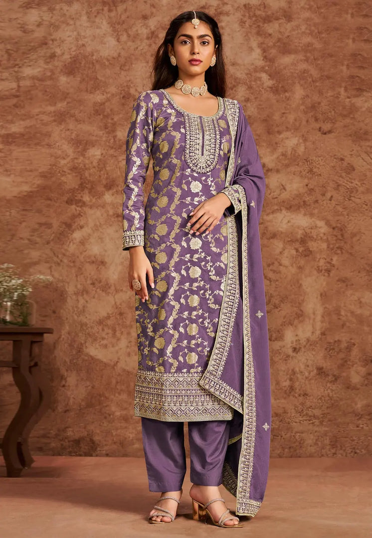 Lavender Silk Jacquard Pakistani Suit