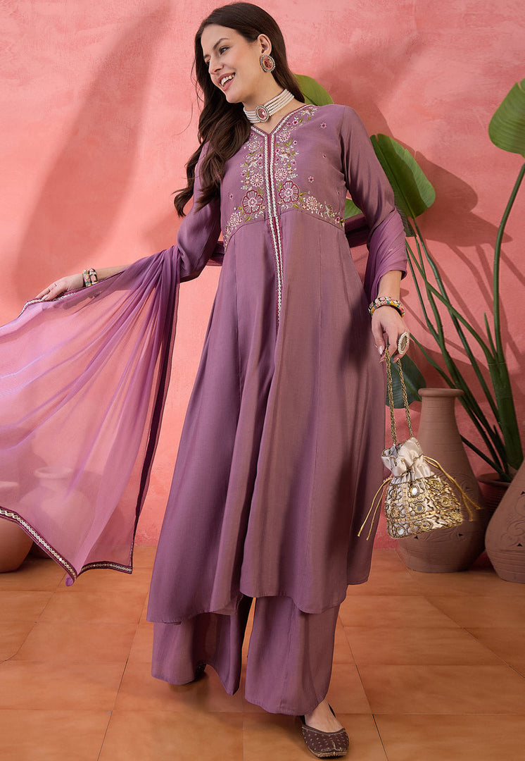 Lavender Silk Readymade Palazzo Suit