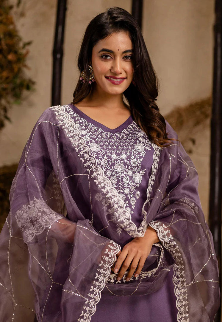 Lavender Silk Readymade Pant Style Suit