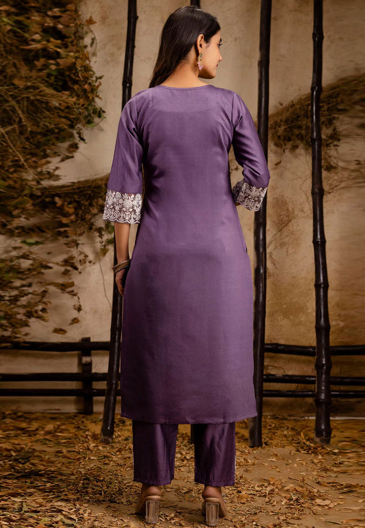 Lavender Silk Readymade Pant Style Suit