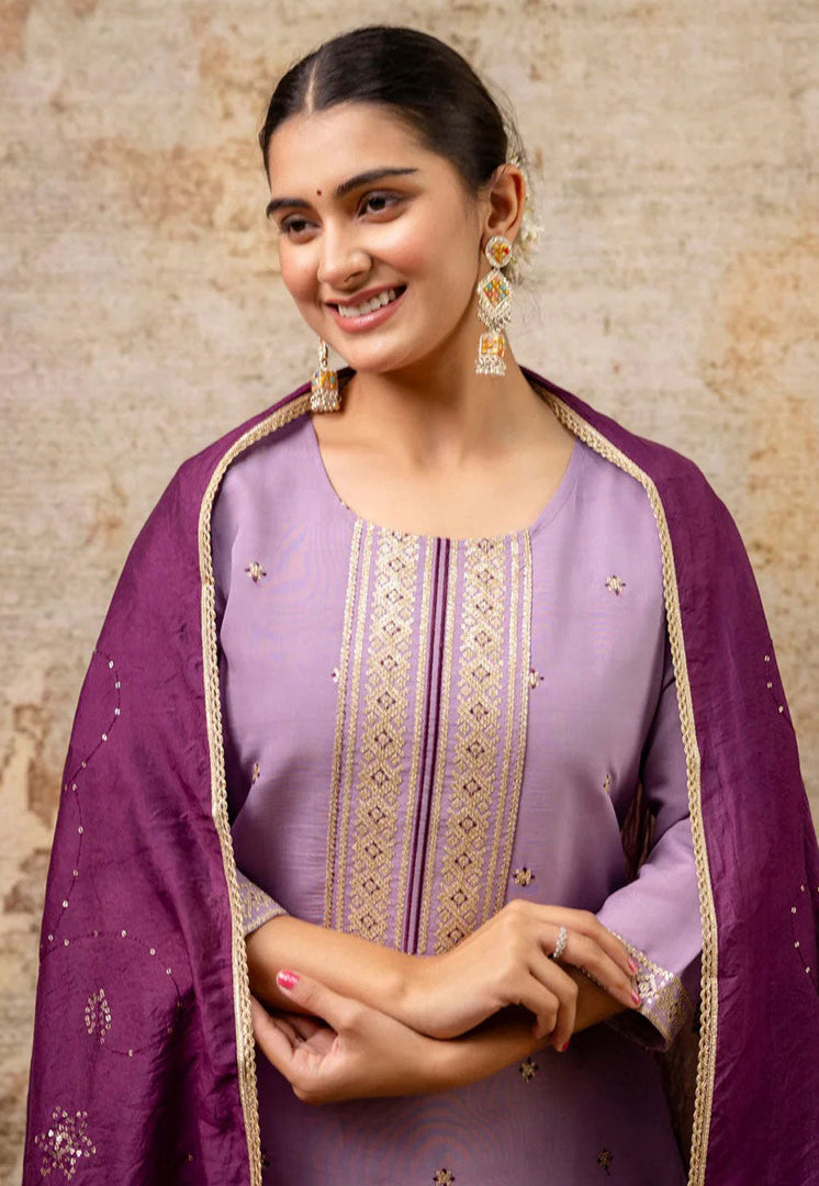 Lavender Silk Readymade Pant Style Suit