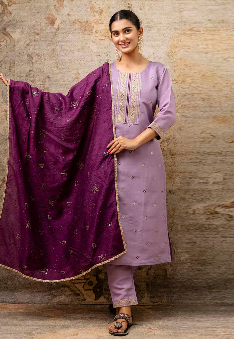 Lavender Silk Readymade Pant Style Suit