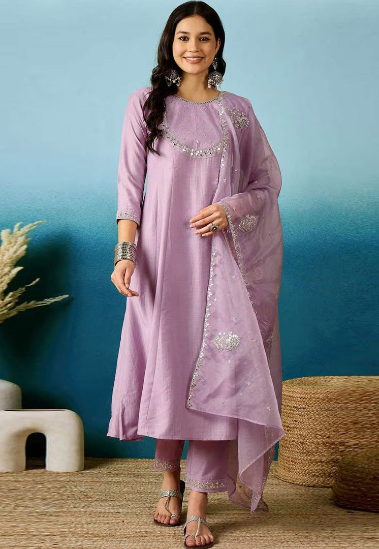 Lavender Silk Readymade Pant Style Suit