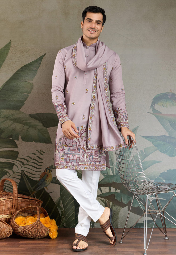 Lavender Viscose Kurta Pajama With Stole