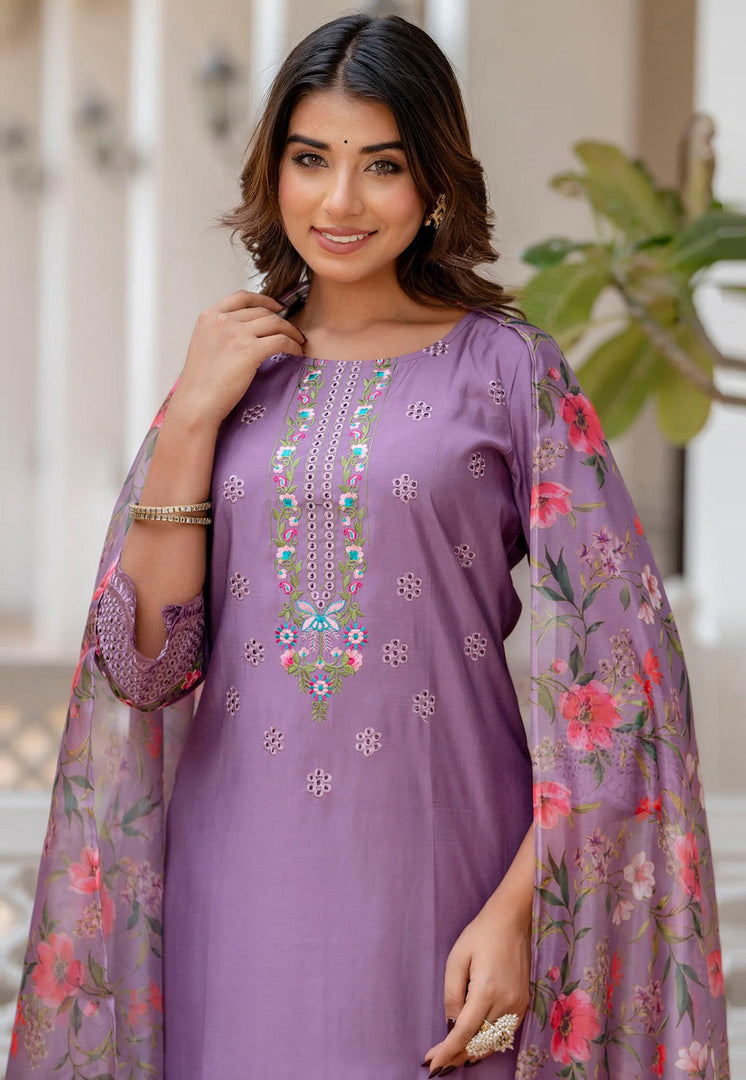 Lavender Viscose Readymade Pant Style Suit