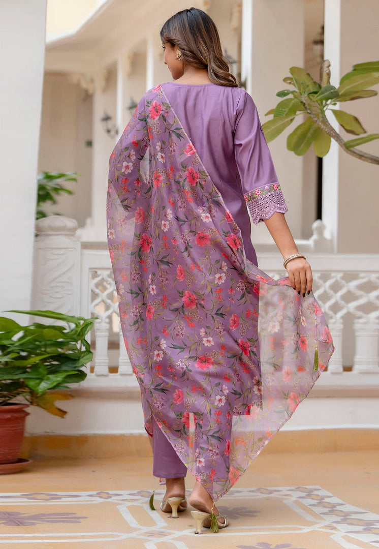 Lavender Viscose Readymade Pant Style Suit