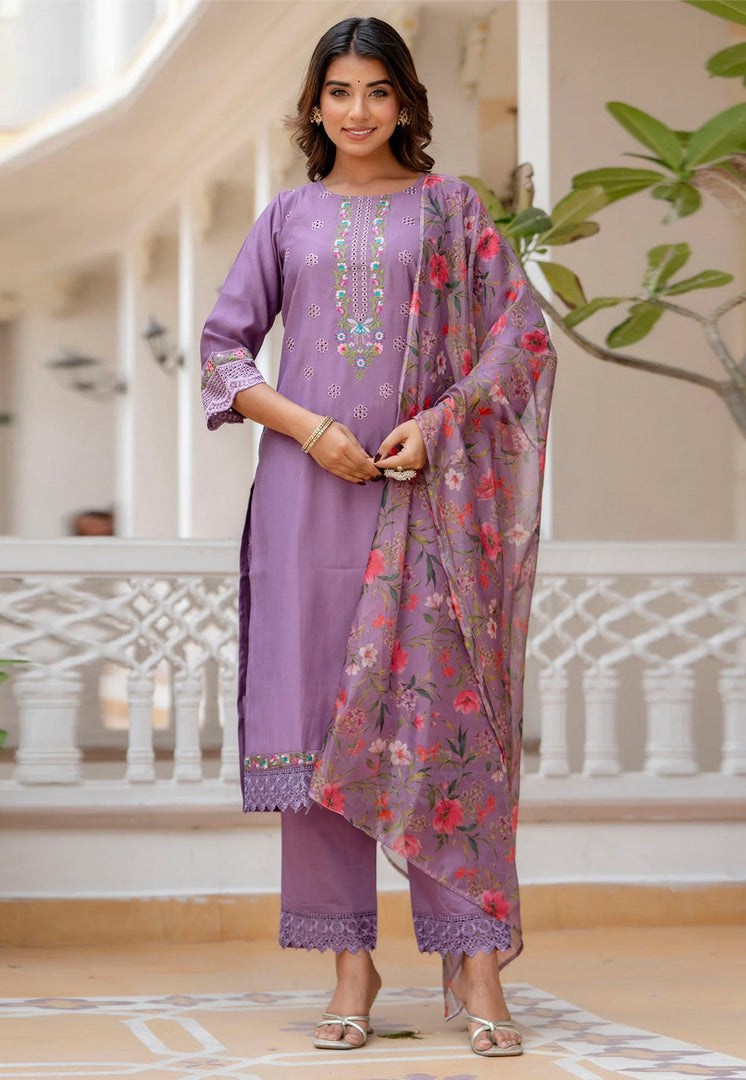 Lavender Viscose Readymade Pant Style Suit