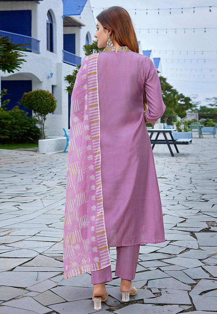 Lavender Viscose Readymade Pant Style Suit