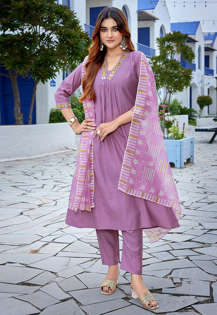 Lavender Viscose Readymade Pant Style Suit