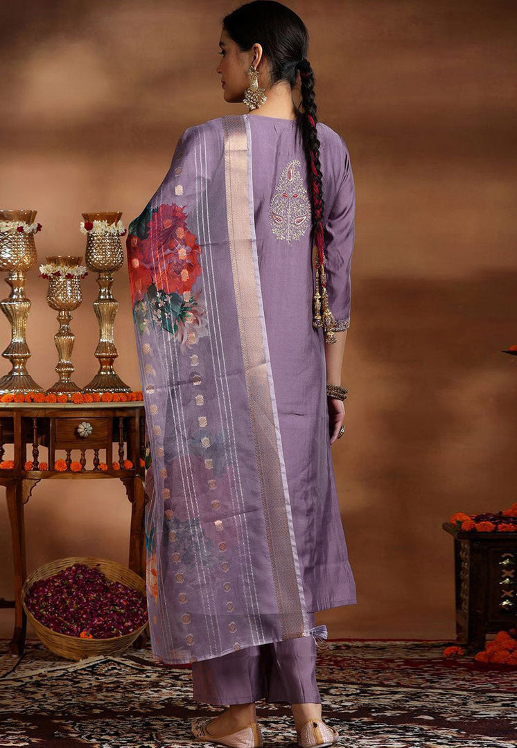 Lavender Viscose Readymade Pant Style Suit