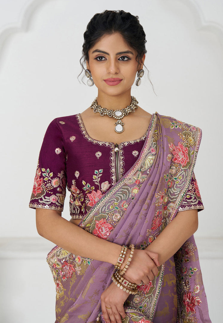 Lavender Viscose Saree With Blouse