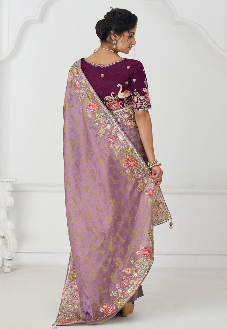 Lavender Viscose Saree With Blouse