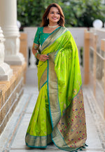 Load image into Gallery viewer, Light Green Banarasi Silk Paithani Saree
