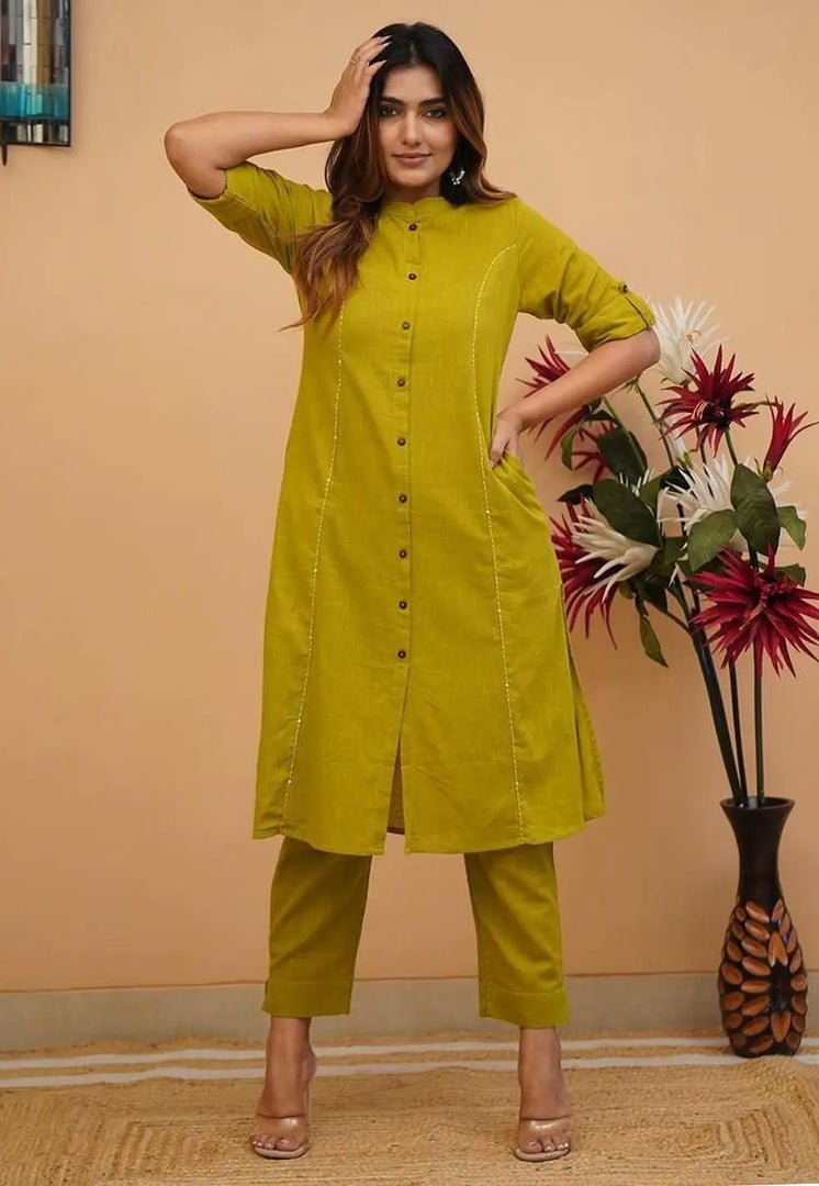 Light Green Cotton Kurta Set With Pent