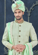 Load image into Gallery viewer, Light Green Silk Achkan Style Sherwani

