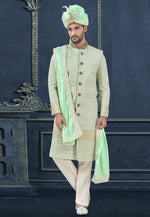 Load image into Gallery viewer, Light Green Silk Achkan Style Sherwani
