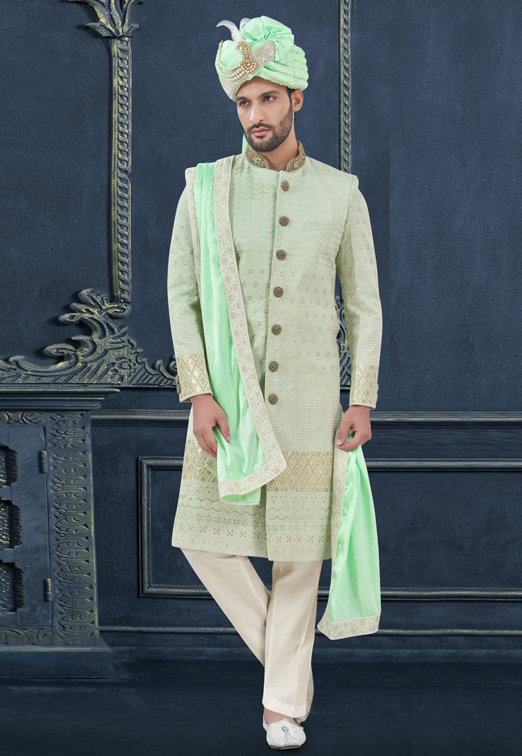 Light Green Silk Achkan Style Sherwani
