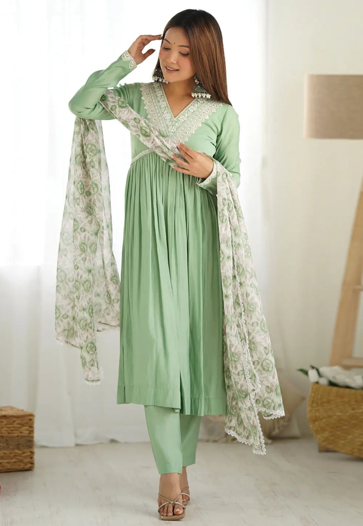 Light Green Silk Readymade Anarkali Suit