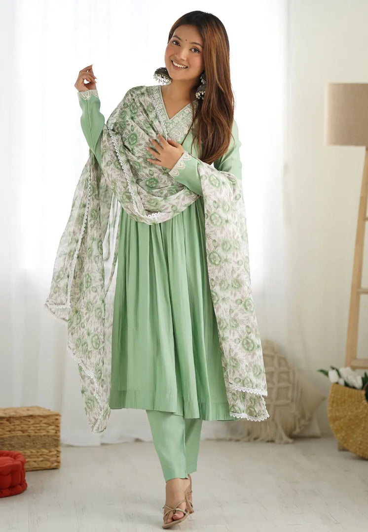 Light Green Silk Readymade Anarkali Suit