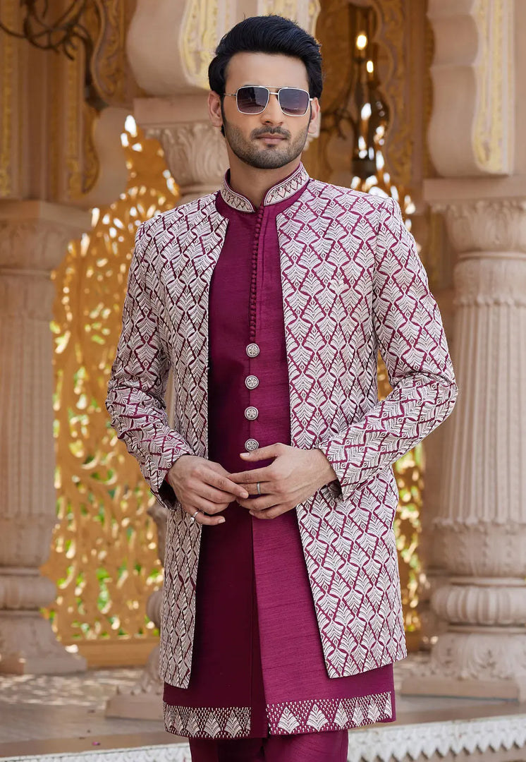 Magenta Art Silk Jacket Style Sherwani