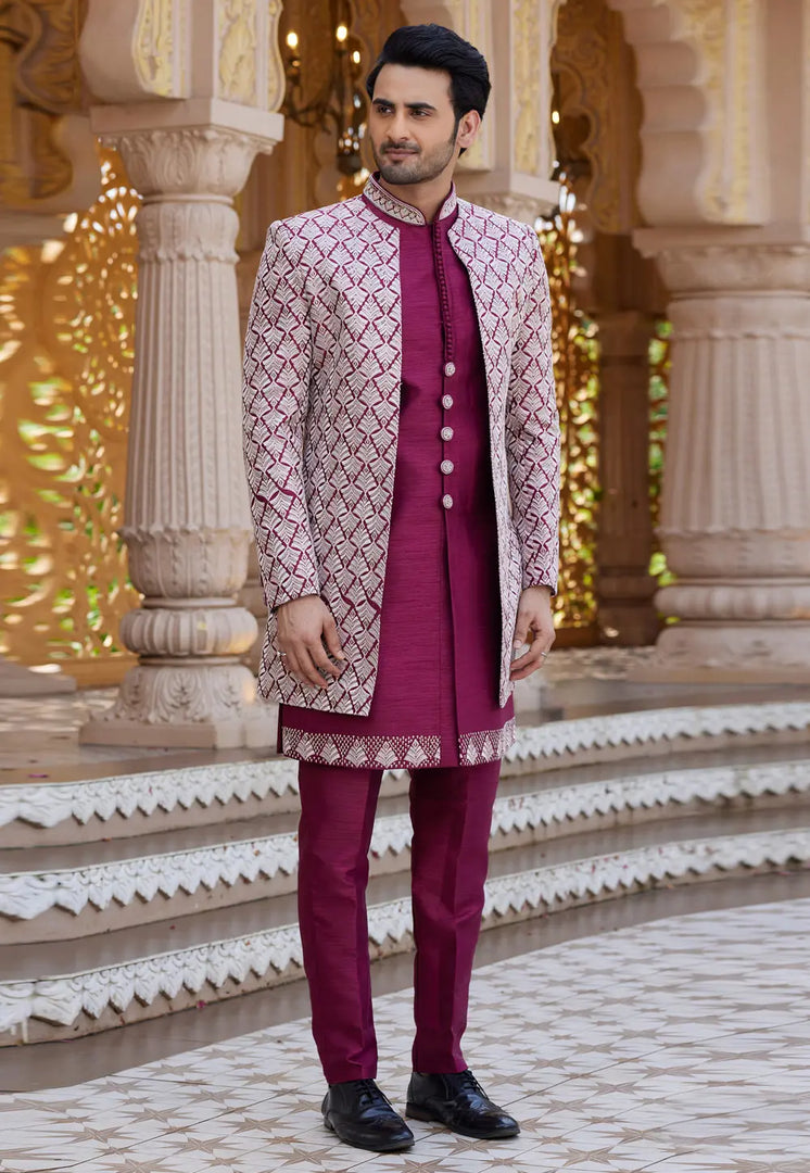 Magenta Art Silk Jacket Style Sherwani