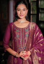 Load image into Gallery viewer, Magenta Banarasi Jacquard Readymade Pant Style Suit

