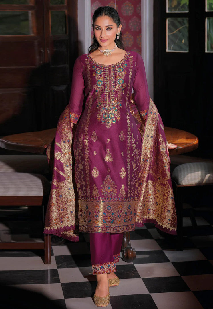 Magenta Banarasi Jacquard Readymade Pant Style Suit