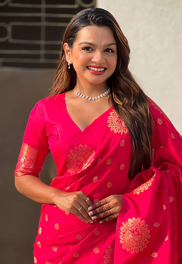 Magenta Banarasi Silk Saree With Blouse