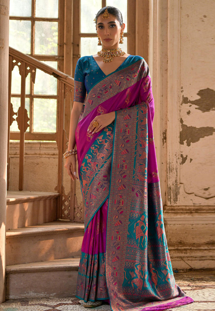 Magenta Banarasi Silk Saree With Blouse