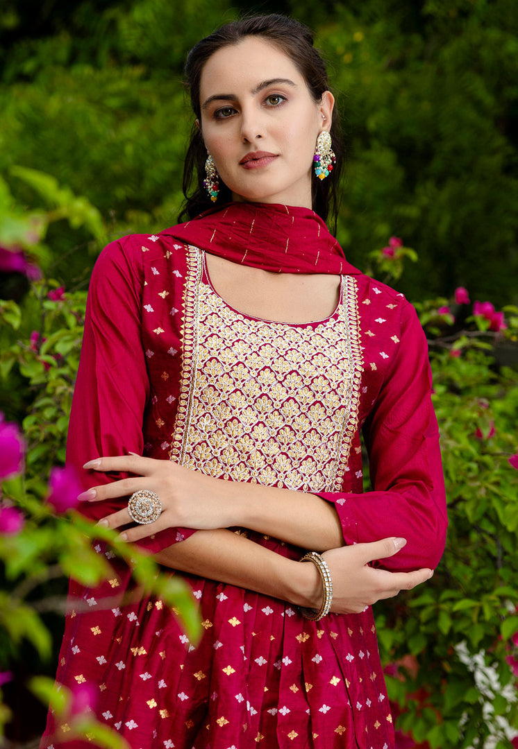 Magenta Chanderi Readymade Anarkali Suit