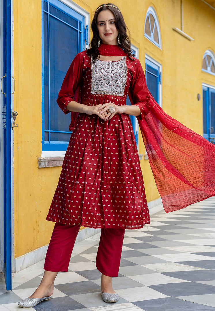 Magenta Chanderi Readymade Anarkali Suit