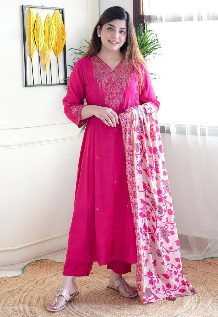 Magenta Chanderi Readymade Pakistani Suit