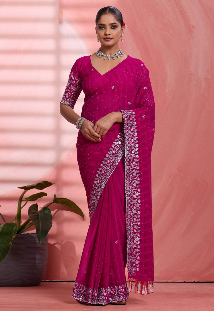 Magenta Chiffon Saree With Blouse