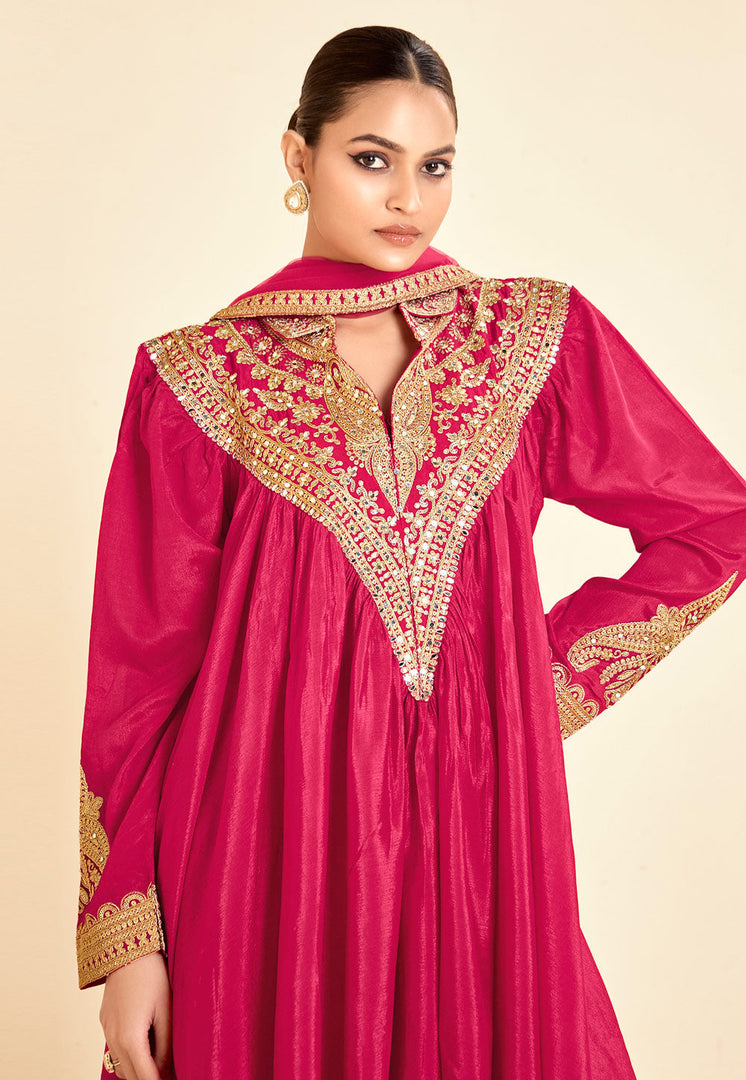 Magenta Chinon Dhoti Salwar Suit