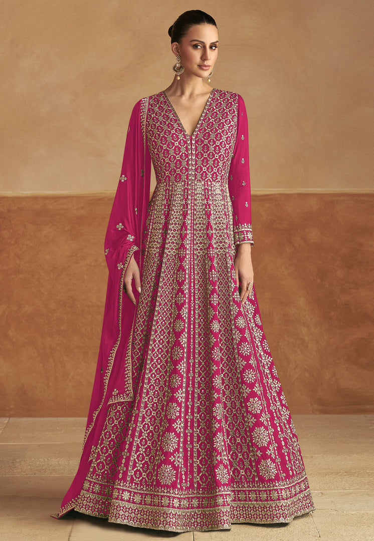 Magenta Chinon Embroidered Anarkali Suit