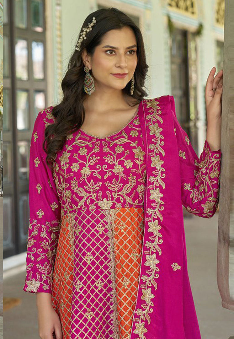 Magenta Chinon Embroidered Long Anarkali Suit