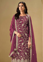 Load image into Gallery viewer, Magenta Chinon Embroidered Pant Style Suit
