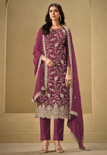Load image into Gallery viewer, Magenta Chinon Embroidered Pant Style Suit
