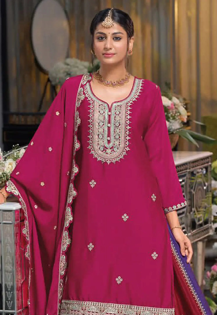 Magenta Chinon Indo Western Lehenga Choli