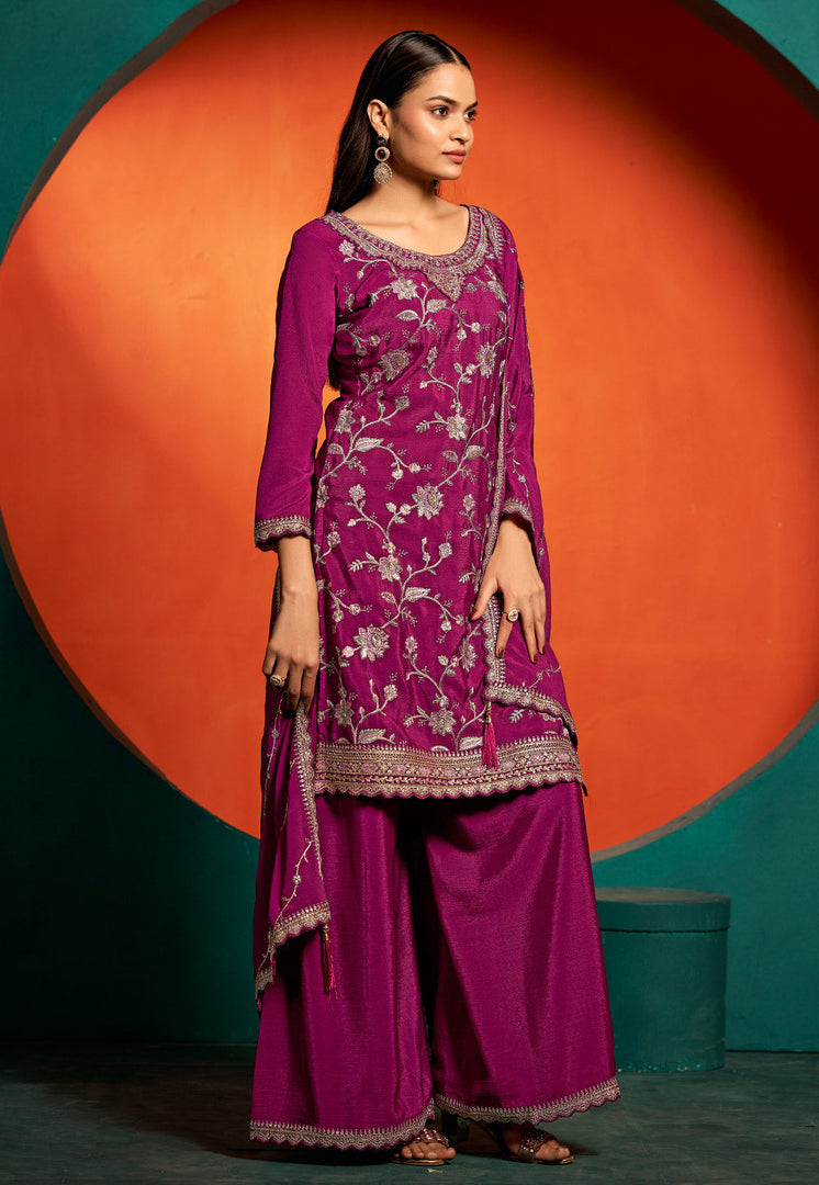 Magenta Chinon Palazzo Suit